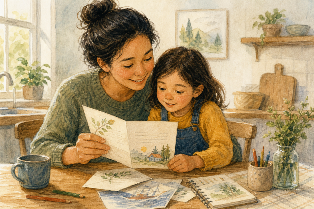 Watercolor and colored-pencil illustration of a parent and child reading a letter together at a kitchen table in warm natural light.